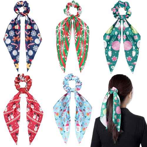 5Pcs Christmas Pattern Hair Scarf Scrunchies Elastic Hair Ribbon Ties for Woman Girls Holiday Hair Scarves Ponytail Holders Accessories