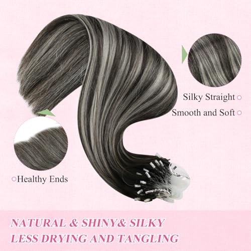 YoungSee Micro Loop Hair Extensions Real Human Hair Ombre Microlink Hair Extensions Balayage Black with Silver Bead Hair Extension Human Hair Straight 24 Inch 50g 50s