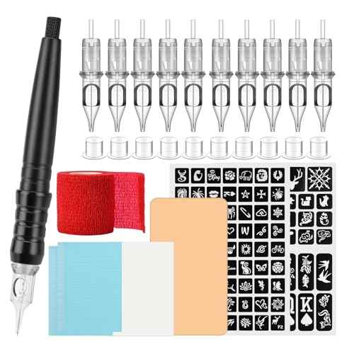 ATOMUS DIY Tattoo Cartridge Pen Poke and Stick Tattoo Kit with Stencil Pattern Practice Skin Ink Cups 10pcs 3RL 5RL Tattoo Cartridge Needles Bandage Table Mats