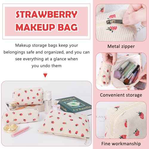 3 Pcs Makeup Bag Cosmetic Bag Set for Girls Women Travel Organizer Bathroom Toiletry Pouch Large Capacity Storage Bag (Strawberry Beige)