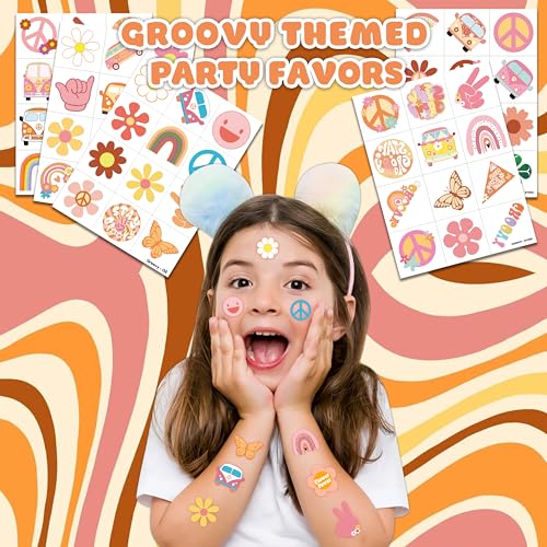 60PCS One Two Groovy 60s 70s Pre-Cut Temporary Tattoos for Kids Birthday Theme Party Supplies Decorations Favors Decor Super Cute Retro Hippie Rainbow Tattoo Stickers Gift for School Prizes Girls Boys