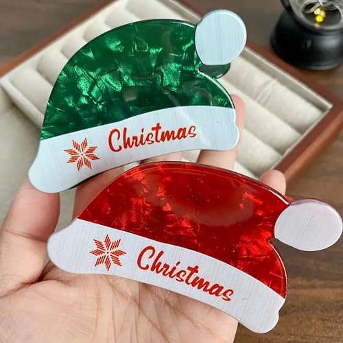 2Pcs Christmas Hair Claw Clips Red Green Santa Hat Hair Clips Medium Size Nonslip Shark Jaw Clips Christmas Acrylic Hair Clip Cute Hair Accessories for Women Xmas Party Hair Supplies