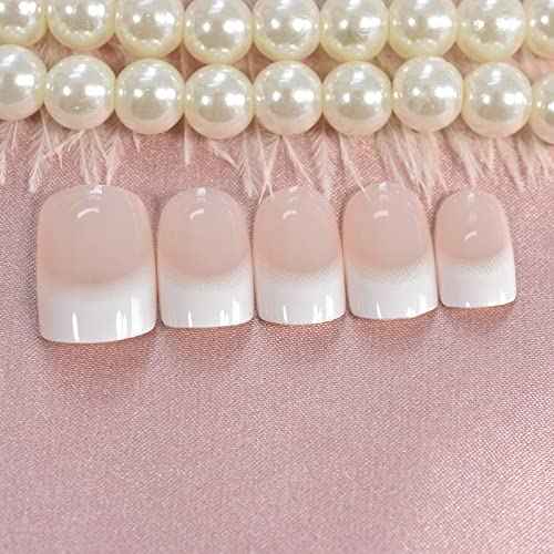 Short French Nail Tips Fake Nails Art Round Glossy Classy Nail Tips Press On Nails Charms With 24pcs Adhesive Tabs Mini Files Woody Stick For Women Girls Gift