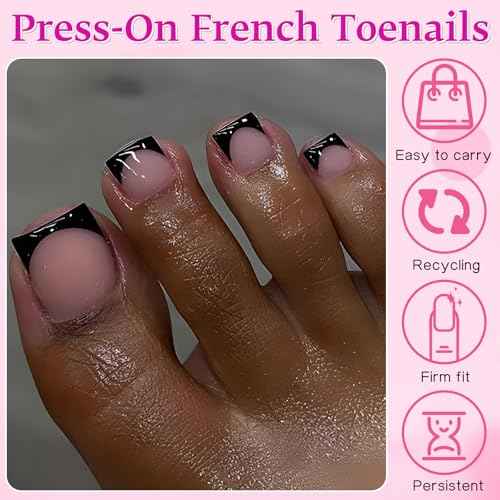 LuckForever 180pc Black French Tips Press on Toenails Women Glue on Toe Nails, French Fake Toe Nails Press ons Nail Square Pink Acrylic Press on Toes Nail Tips Artificial Stick Toenail Tip