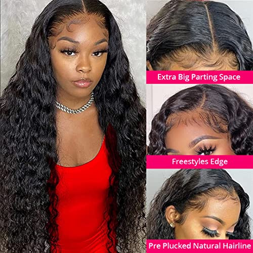 QinMei 13x4 HD Lace Front Wigs Human Hair Wigs for Black Women Deep Wave Glueless Wigs Pre Plucked With Baby Hair Curly Wave Human Hair Lace Frontal Wigs Natural Color 180% Density 18 Inch