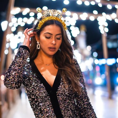 FAERLIIRY Happy New Year Headband 2024 Disco Ball Glitter Headpiece Holiday Hair Accessories New Year's Eve Party Gifts (Gold, L)