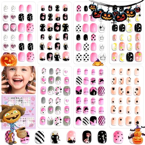 SAVILAND 7 Days Press on Nails for Kids: 168Pcs Children False Artificial Fake Nail Tips Sweet Edgy Pre-glue Full Cover Short Acrylic Nails with Nail Adhesive Tabs Gifts for Girls 8-12 Year (GlamKids)