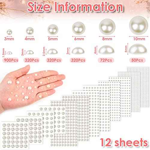 1980Pcs Self Adhesive Pearl Stickers, Shynek Pearls Sticker Gems for Hair, Face, Makeup, Eye, Nail, Crafts, Assorted Sizes