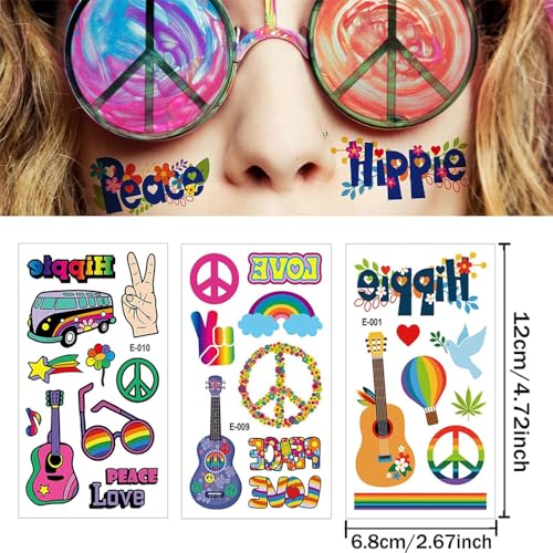 100PCS Groovy 70s Temporary Tattoos-10 Sheets Hippie Tattoo Stickers for Fan Birthday Party Decorations Hand Tattoo Party Favor Party Supplies Gifts for Kids Boy Girl Adult Pretty Christmas Gift