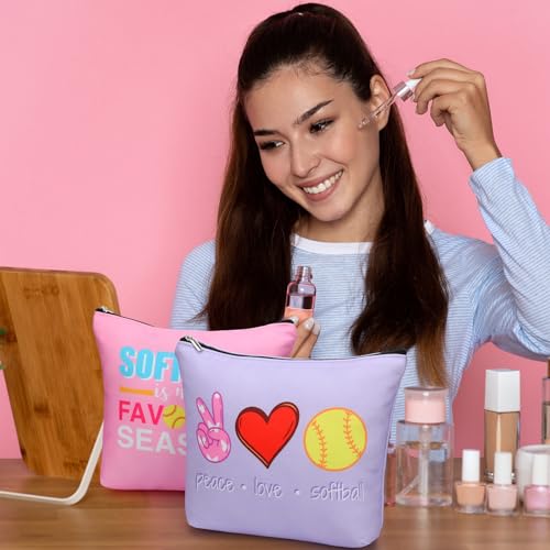 10 Pcs Softball Gifts Makeup Bags Softball Cosmetic Goodie Bag Bulk with Zipper Sport Theme Waterproof Travel Case for Christmas Women Lovers Team Gifts Female Coworkers Friends BFF Besties