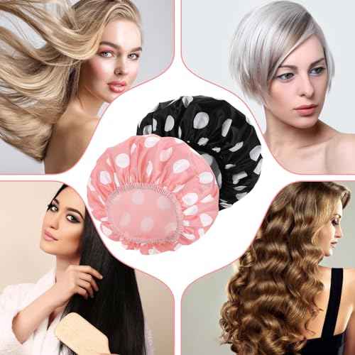 WSICSE 2 Packs Large Shower Caps for Women, Waterproof Shower Cap Double Layers Bath Caps with Hair Scrunchies for Long Thick Hair