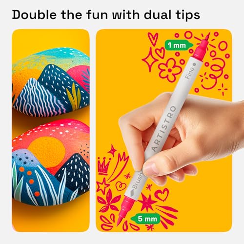 ARTISTRO 24 Dual Tip Brush + Fine Acrylic Paint Pens Ideal for Calligraphy - Paint Markers for Fabric, Rock, Glass, DIY - Stocking Stuffers, Christmas Gift Idea for Teens, Grandkids, Kids