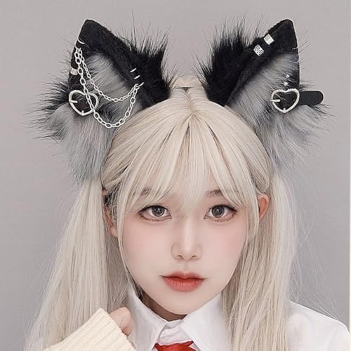 Furry Cat Ears Headband Punk Gothic Heart Clips Animal Ears Hair Hoop for Halloween Cosplay Costume Party