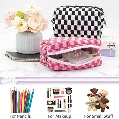 PAZIMIIK Checkered Makeup Bag for Purse Portable Zipper Make Up Pouch Small Cosmetic Case for Travel Accessories (Hotpink)
