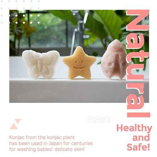 myHomeBody Konjac Baby Sponge for Bathing, Cute Shapes Natural Kids Bath loofah for Infants, Toddler, Newborns, Safe Plant-Based, 3pc. Set: Butterfly, Ladybug, Star