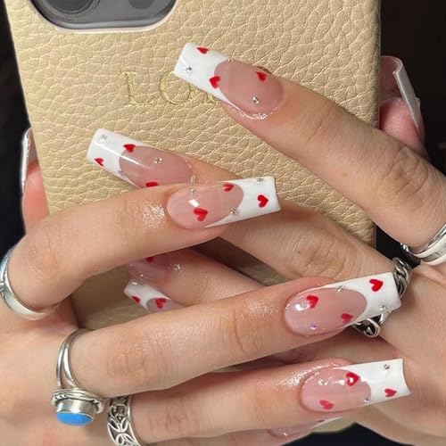Valentines Long Press on Nails White French Tip Long Fake Nails Coffin Square White False Nails with Red Heart Deign Acrylic Nails Press on Artificial Nails Stick on Nails For Women-24Pcs