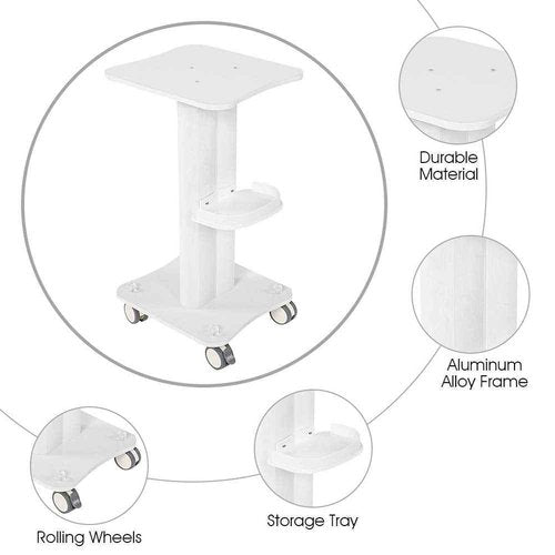Salon Trolley, ABS Salon Tray Cart Utility Carts Massage Tools Beauty Hairdressing Rolling Trays Trolley Cart with Wheels Use Pedestal Cart Spa Trolley Aluminum Alloy Stand Instrument, White