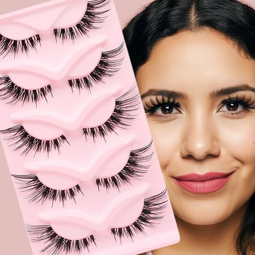 False lashes halloween D curl lashes Wispy Cat Eye Lashes - Faux Mink Fluffy False Eyelashes for Natural & Dramatic Look, for Everyday Wear, reusable, lash princess, Pack of 5 Pairs (Cat Eye)