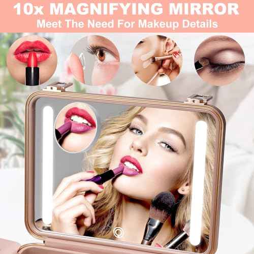 Mocado Travel Makeup Case with Lighted Mirror, Makeup Box with 8 Makeup Brushes and 10x Magnifying Mirror, Adjustable Brightness Makeup Train Case with Makeup Brushes Divider(Rose Gold)
