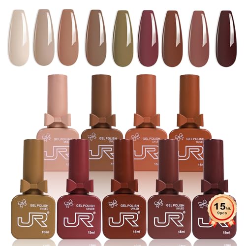 JR 9 Colors 0.5oz Brown Gel Nail Polish Set Bow Bottle Fall Design Nude Gel Polish Kit UV LED Soak Off Polish Home DIY Gift Fall Gel Polish Series