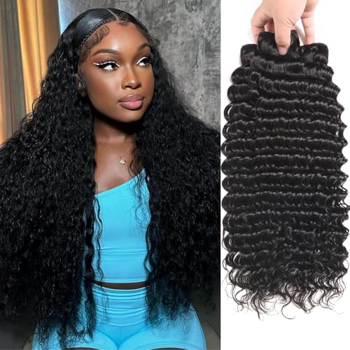 22 24 26 Inch Deep Wave Human Hair Bundles Deep Curly Wave 3 Bundles 12A 100% Unprocessed Brazilian Virgin Human Hair Wet and Wavy Bundles Double Weft Natural Color Human Hair Extensions