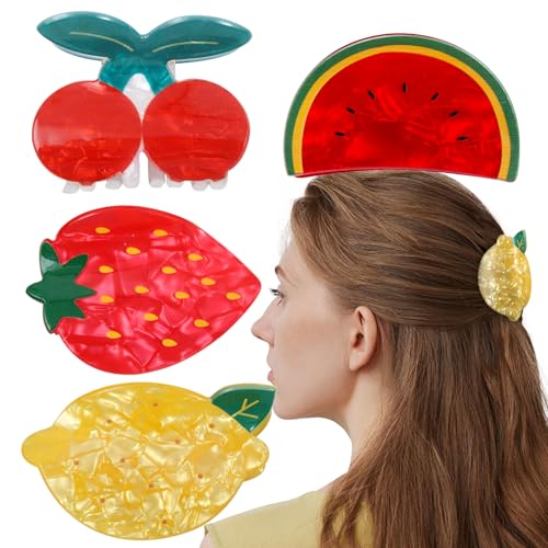 Fruit Claws Clips - Strawberry Hair Clips (Lemon/Cherry/Watermelon) - Cellulose Acetate Hair Clips for Women - Fun Summer Hair Accessories 4Pcs