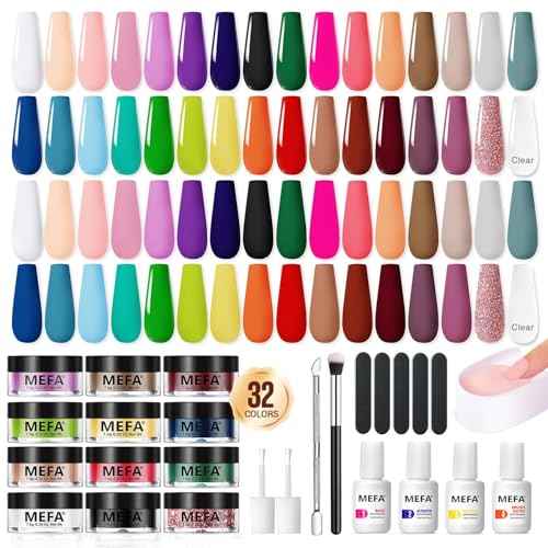 MEFA 32 Colors Dip Powder Nail Kit Pink Glitter Clear Nude White All Seasons Tones Dipping Powder with Base Top Coat Activator Brush Saver Liquid Set, French Nail Art Manicure