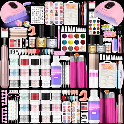 Major Dijit Acrylic Nail Kit with LED Lamp & Electric Drill - 12 Colors Acrylic Powder Monomer, Base/Top Coat, Tips/Glitter/Nail Charms | Nail Kit for Beginners with Everything