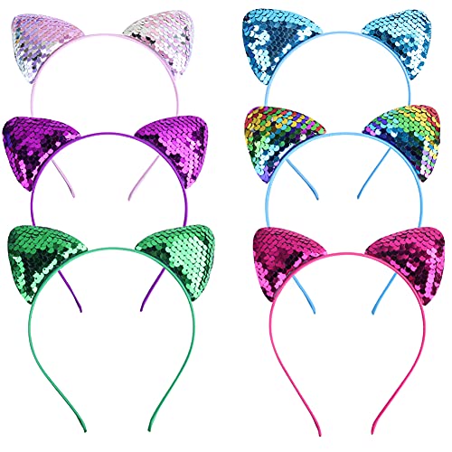 QUUPY 6PCS Cat Ears Headband Sequin Headbands Lovely Hair Accessories for Daily Wearing Kitty Ears Headband for Party Decoration
