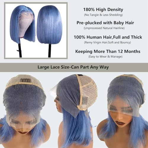 Light Blue Wigs 100% Brazilian Virgin Human Hair,Shiny and Bouncy 10A Grade Bob Wigs,13x4 HD Transparent Straight Lace Front Human Hair Wig 180% Density,Small Knots Easy to Bleach(16Inch,Light Blue)