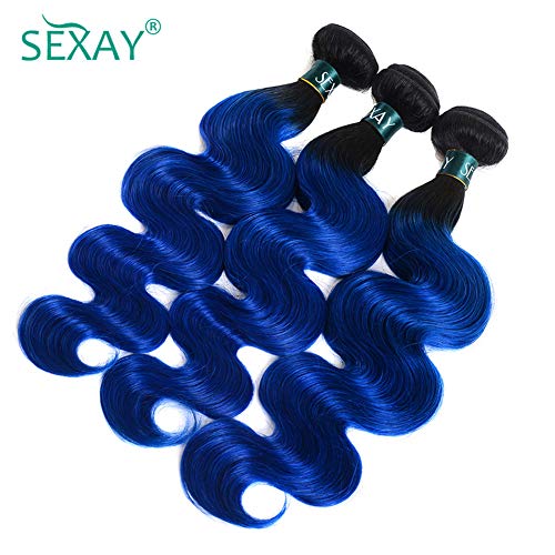 SEXAYHAIR Blue Human Hair Bundles Brazilian Ombre Body 1b/blue Wave 1Bundle Hair Unprocessed Virgin Human Hair Extensions, 2 Tone Ombre Blue Hair Bundles (24",1b/Blue)