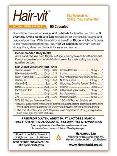 Hair VIT Hair Growth Supplement – 90 Capsules, Once Daily Formula with B-Complex Vitamins, Biotin, Amino Acids & Nutrients for Healthy, Strong, Fuller-Looking Hair in Men & Women