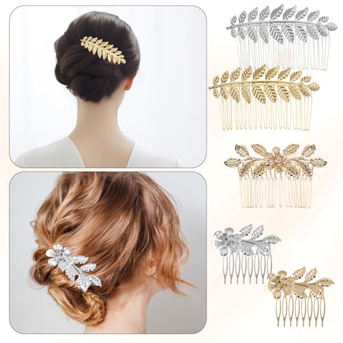 5PCS Leaf Hair Combs for Women Accessories Gold Silver Rhinestone Hair Comb Clips with Teeth Combs for Wedding Metal Decorative French Twist Slide Comb for Bride Bridesmaid Christma Parties Prom Dance