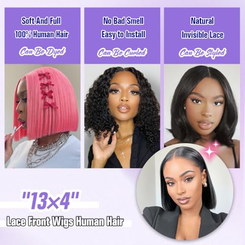 14 Inch Bob Wig Human Hair - Burgundy 13x4 HD Lace Front Wigs Human Hair for Black Women, 180% Density, Natural Hairline, Straight Short Glueless Wigs Human Hair Pre Plucked Pre Cut Bob