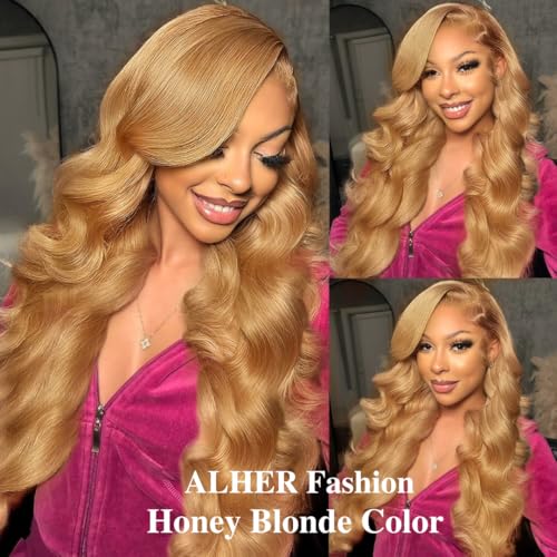 ALHER #27 Honey Blonde Lace Frontal Wig Human Hair Body Wave 180% Density, Blonde Colored 13x4 HD Lace Front Wig Pre Plucked With Baby Hair Ear to Ear, 100% Virgin Remy Hair for Black Women 22 IN