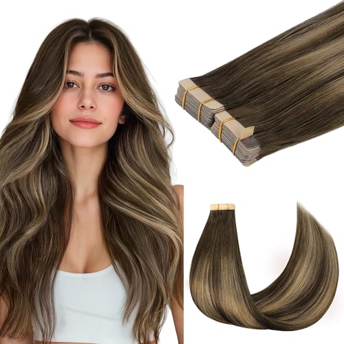 GOO GOO Tape in Hair Extensions Human Hair, 4/27/4 Balayage Chocolate Brown to Caramel Blonde, 20inch 100g 40pcs, Skin Weft Seamless Invisible, Silky Straight with Thick Ends, Remy Human Hair