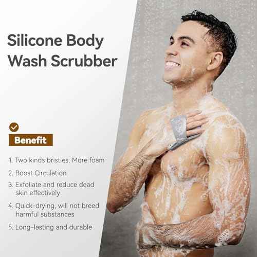Zinc Infused Silicone Body Scrubber for Men, New Upgrade Deep Exfoliating Body Scrubber for Shower, Silicone Loofah Men for Sensitive Skin with Lathering Bristles and Ergonomic Non-Slip Handle (Gray)