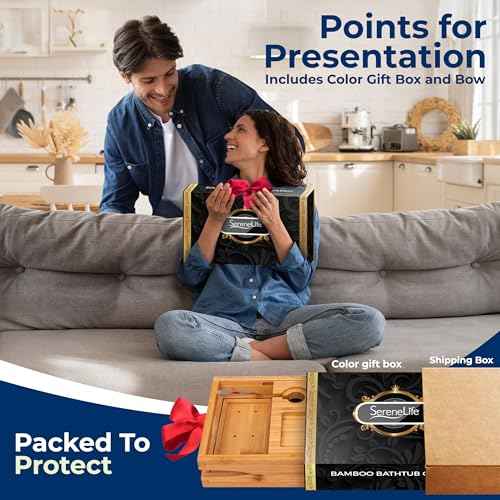 SereneLife Bathtub Tray - Expandable Bath Tray for Tub, Foldable Adjustable Bamboo Caddy with Non-Slip Handles, Device Holder and Wine Glass Slot for Bathing Luxury (Folding, Hard Back, Gift Set)