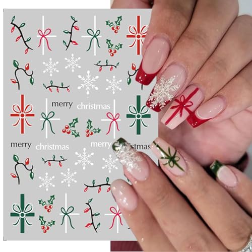 Christmas Gift Bow Nail Art Stickers, Santa Hat Elk Snowflake Design, 3D Self-Adhesive Glitter French Nail Tip Winter Holiday Nail Decals for Women (5 Sheets)