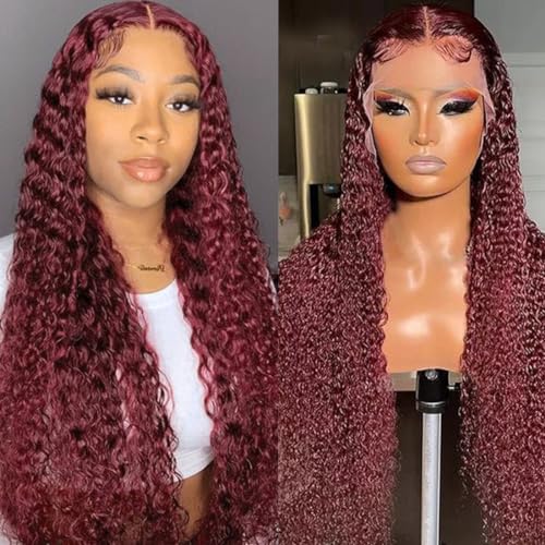 99J Burgundy 13x4 Deep Wave Lace Front Wigs Human Hair HD Transparent Lace Frontal Wig Human Hair Pre Plucked 99j Burgundy Deep Curly Wigs Human Hair For Women 180% Density 20 Inch