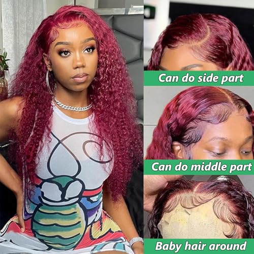 Burgundy Lace Front Wigs Human Hair 24Inch Brazilian Virgin Deep Wave Red Lace Front Wigs Human Hair 180% Density 99j Burgundy Frontal Wig Human Hair(24Inch, 99j Burgundy)