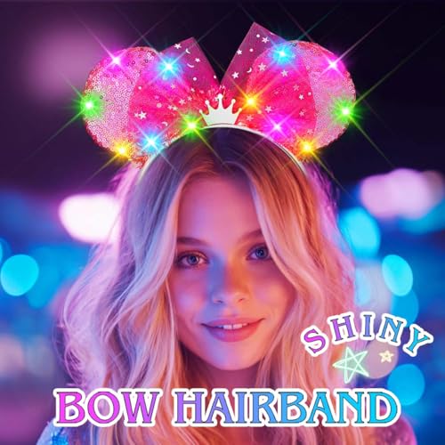 ACEDRE Light Up Mouse Ears Headband Sequin Bow Princess Crown Hair Accessories for Women