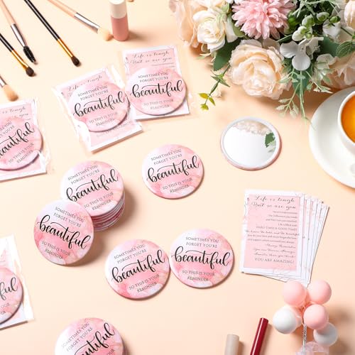 50 Pcs Inspirational Mini Compact Mirror Bulk for Women Christmas Pink Pocket Gifts Portable Round Purse Mirrors Thank You Reminder Gift for Coworker Employee Staff Nurse