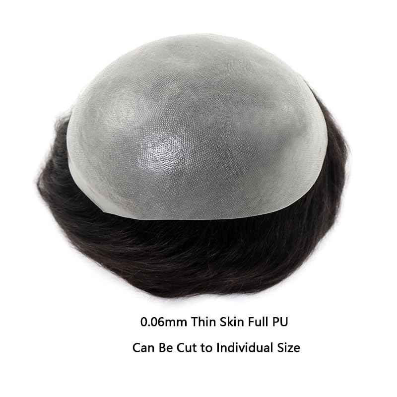 Lavishairs 0.03mm Thin Skin Human Hair Men Toupee Brown Full PU Base Hairpiece For Men Wig Natural Wave Styles Human Hair Mens Wigs Replacement Systems 8x10 Size (Black, 0.04-0.06, Straight)