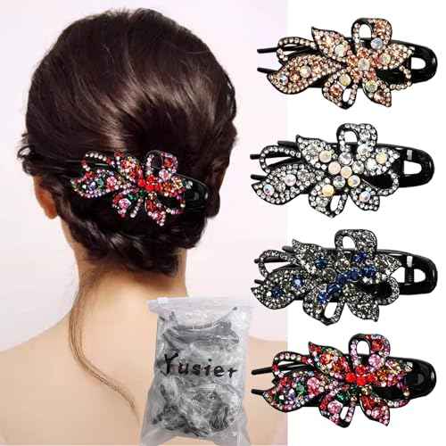 Yusier 4pcs Sparkling Rhinestone Duckbill Clips Decorative Hair Clips for Fine Hair Bling Crystal Prom Barrettes Diamond Hair Clips with Flower Hair Accessory (Floral)