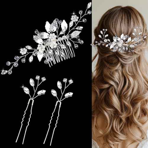 Crystal Wedding Hair Accessories - Hair Comb with Rhinestone Hair Pins and Pearls for Bride, Bridesmaids, Flower Girls (Silver)
