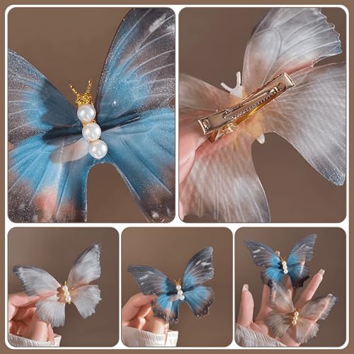 Butterfly Decorative Hair Clips - Duckbill Clips for Women Bohemian Hair Clip Non-Slip Snap Duck Bill Clips Boho Hair Accessories, Blue Grey 2 Pack