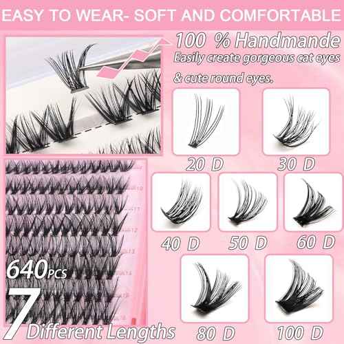 Lash Clusters Kit, 640 Pcs Eyelashes Clusters Extensions Kit 9-16mm Individual Lashes D Curl Fluffy Wispy False Eyelashes Thin Band, with Bond Seal Tweezers Brush DIY (30D+40D+50D+60D Kit 9-16mm)
