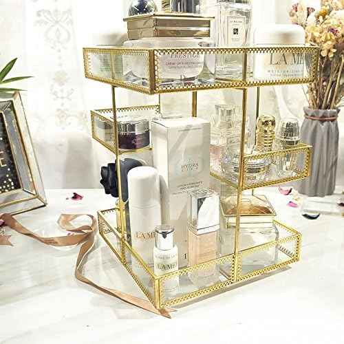 360 Degree Rotation Makeup Organizer Antique Countertop Cosmetic Storage Box Mirror Glass Beauty Display, Gold Spin Large Capacity Holder for Brushes Lipsticks Skincare Toner