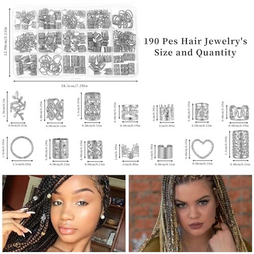 190PCS Silver Hair Jewelry for Braids, Metal Hair Charms Cuffs Rings Clips, Silver Loc Jewelry for Women Men Dreadlock Accessories Decorations